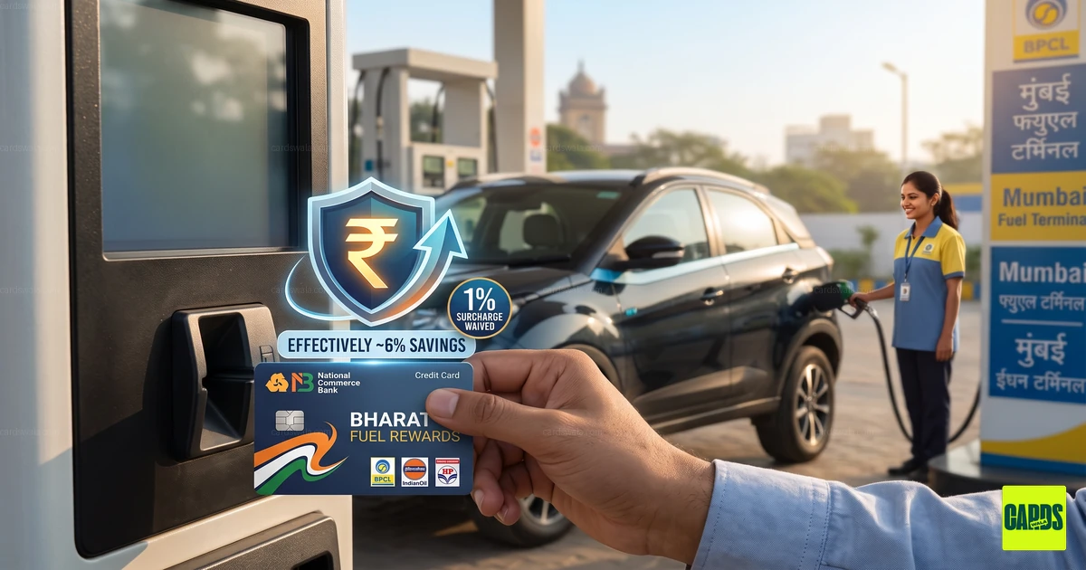 A car at a petrol pump with fuel credit cards shown in the foreground highlighting savings. A car at a petrol pump with fuel credit cards shown in the foreground highlighting savings.
