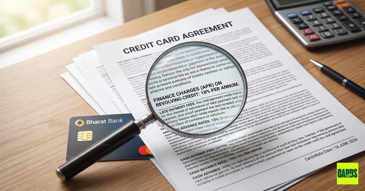 A magnifying glass examining the fine print of a credit card agreement focusing on interest rates. A magnifying glass examining the fine print of a credit card agreement focusing on interest rates.