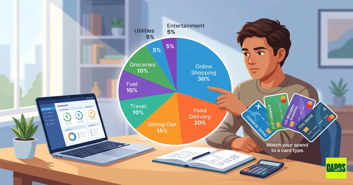 A person analyzing their monthly spending categories on a pie chart to choose the right credit card. A person analyzing their monthly spending categories on a pie chart to choose the right credit card.